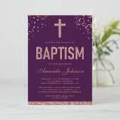 Faux Roos Gouden Glitter Meisjes Paarse Doop Kaart (Staand voorkant)
