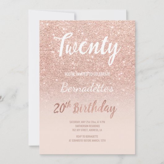 Faux roos gouden glitter ombre 20e verjaardag kaart (Voorkant)