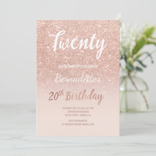 Faux roos gouden glitter ombre 20e verjaardag kaart (Staand voorkant)