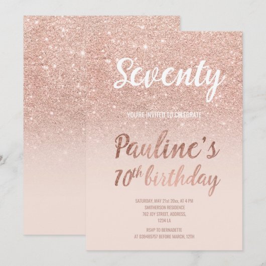 Faux roos gouden glitter ombre 70ste verjaardag kaart (Voorkant / Achterkant)