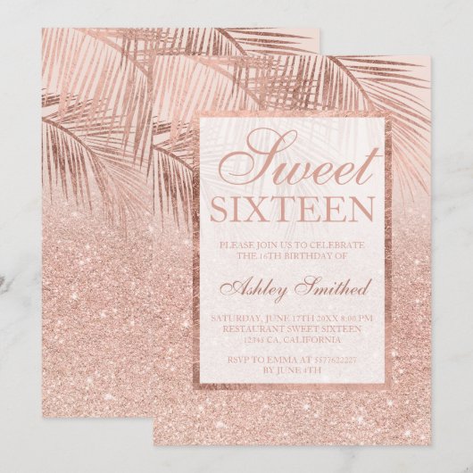 Faux roos gouden glitter palmboom blush Sweet 16 Kaart (Voorkant / Achterkant)