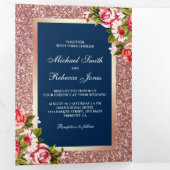 Faux Roos Gouden Glitter Sparkle Floral Blue Weddi Drieluik Uitnodiging (Binnenzijde eerst)