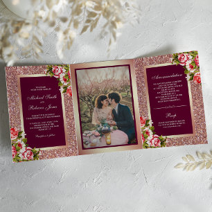 Faux Roos Gouden Glitter Sparkle Roze Bloemen Huwe Drieluik Uitnodiging