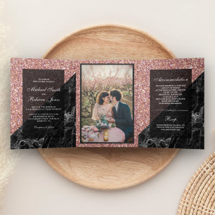Faux Roos Gouden Glitter Zwart Marmeren Trouwfoto Drieluik Uitnodiging
