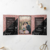 Faux Roos Gouden Glitter Zwart Marmeren Trouwfoto Drieluik Uitnodiging (Binnen)