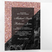 Faux Roos Gouden Glitter Zwart Marmeren Trouwfoto Drieluik Uitnodiging (Binnenzijde eerst)