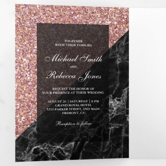 Faux Roos Gouden Glitter Zwart Marmeren Trouwfoto Drieluik Uitnodiging (Binnenzijde eerst)