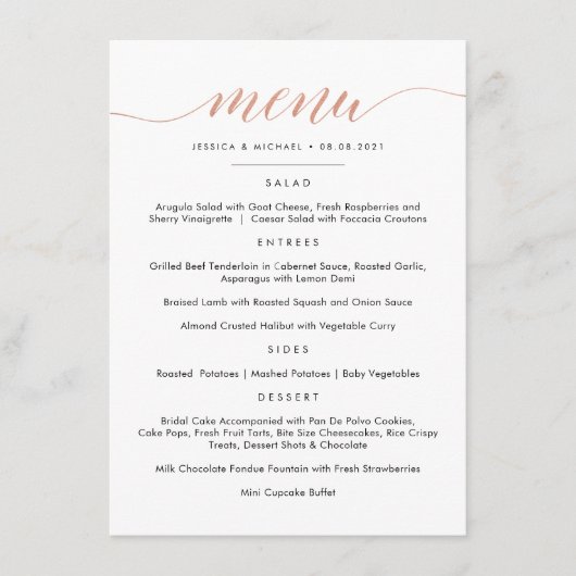 Faux Roos Gouden Kalligrafie Menu Platte Kaart (Voorkant)