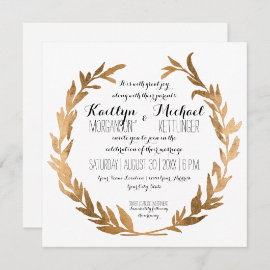 Faux Roos Gouden Laurel Krans Olijfblad Vierkant Kaart (Voorkant / Achterkant)