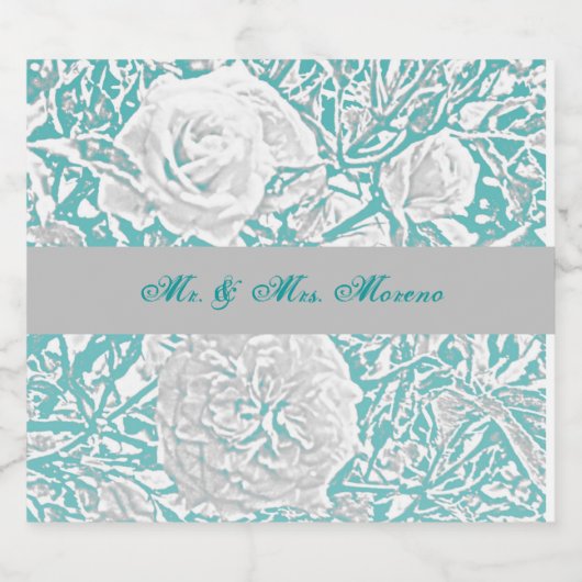 Faux Roos met zijderoute inscriptie/Blauwgroen Sparkling Wijnetiket (Enkel label)