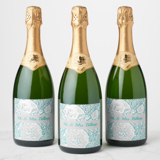 Faux Roos met zijderoute inscriptie/Blauwgroen Sparkling Wijnetiket (Flessen)