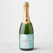 Faux Roos met zijderoute inscriptie/Blauwgroen Sparkling Wijnetiket (Voorkant)