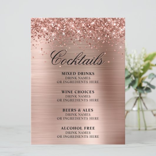 Faux Rose Gold Glitter and Foil Cocktails Bar Menu (Staand voorkant)