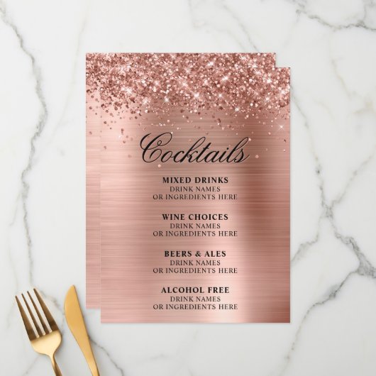 Faux Rose Gold Glitter and Foil Cocktails Bar Menu (Voorkant / Achterkant in situ)