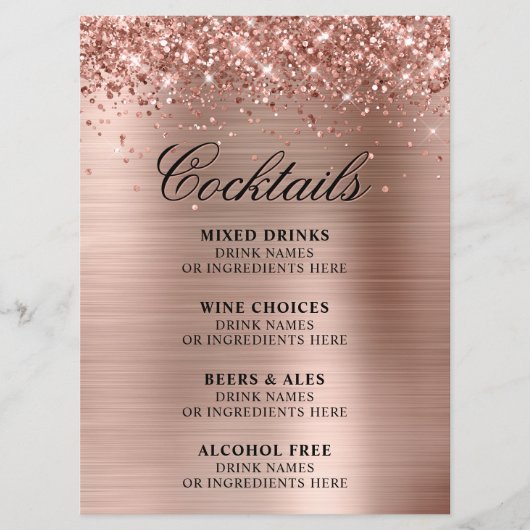 Faux Rose Gold Glitter and Foil Cocktails Bar Menu (Voorkant)
