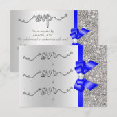 Faux Royal Blue Bow Silver Sequins RSVP Weddenscha (Voorkant / Achterkant)