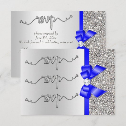 Faux Royal Blue Bow Silver Sequins RSVP Weddenscha (Voorkant / Achterkant)