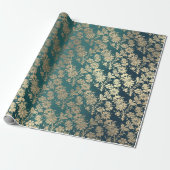 Faux Royal Gold Bloempoeder Bloemparel Blauwgroen Cadeaupapier (Uitgerold)