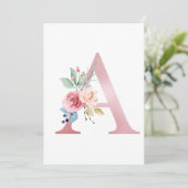 Faux roze Folie Letter A Blush Floral Monogram Kaart (Staand voorkant)