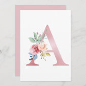 Faux roze Folie Letter A Blush Floral Monogram Kaart (Voorkant / Achterkant)