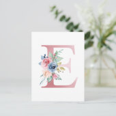Faux roze Folie Letter E Blush Floral Monogram Briefkaart (Staand voorkant)
