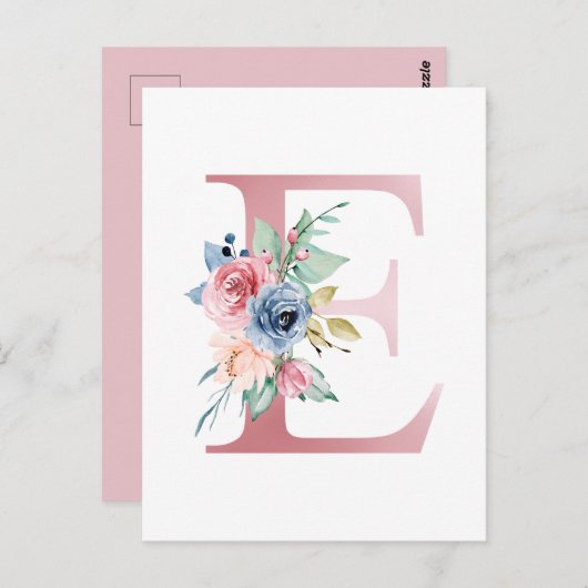 Faux roze Folie Letter E Blush Floral Monogram Briefkaart (Voorkant / Achterkant)