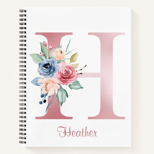 Faux roze Folie Letter H Blush Floral Monogram Notitieboek (Voorkant)