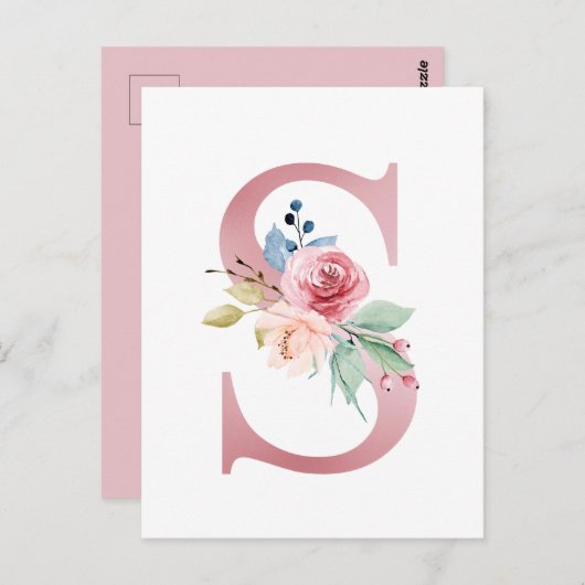 Faux roze Folie Letter S Blush Bloemen Monogram Briefkaart (Voorkant / Achterkant)