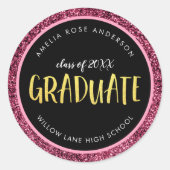 Faux Roze Glitter Afstuderen Afstuderen Ronde Sticker (Voorkant)