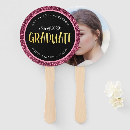 Faux Roze Glitter Afstuderen Foto Afstuderen Handwaaier (Voorkant en achterkant)