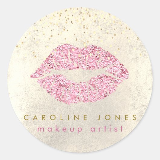 Faux roze glitter lippen ronde sticker (Voorkant)