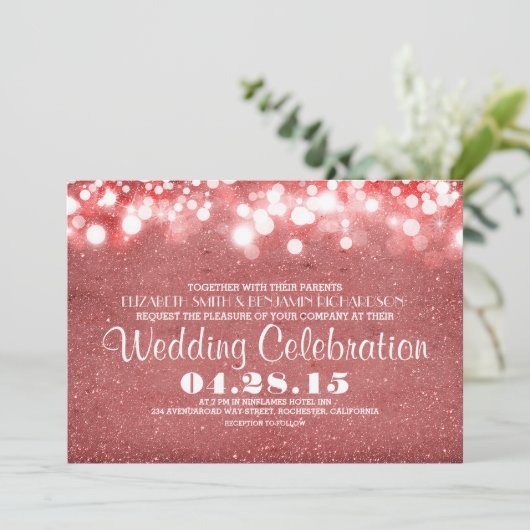 Faux roze glitter string lichten bruiloft uitnodig kaart (Staand voorkant)