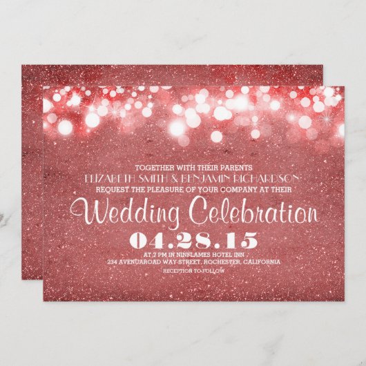 Faux roze glitter string lichten bruiloft uitnodig kaart (Voorkant / Achterkant)