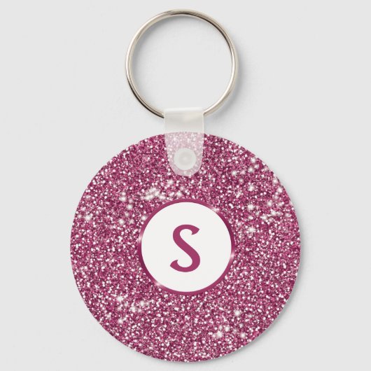 Faux roze glitter-textuur en aangepast monogram sleutelhanger (Voorkant)