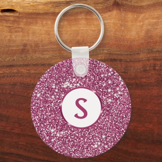 Faux roze glitter-textuur en aangepast monogram sleutelhanger (Voorkant)