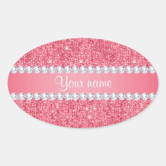 Faux roze pailletten en diamanten ovale sticker (Voorkant)