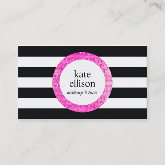 Faux Roze Sequin Black en White Striped Beauty Visitekaartje (Voorkant)