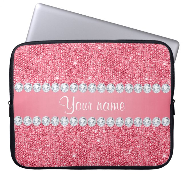 Faux Roze Sequins en Diamonds Laptop Sleeve (Voorkant)