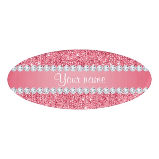 Faux Roze Sequins en Diamonds Naambadge (Voorkant)