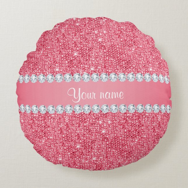 Faux Roze Sequins en Diamonds Rond Kussen (Voorkant)