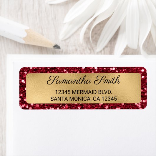 Faux Ruby Red Glitter en Gold Foil Label (Insitu)