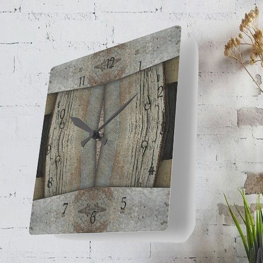 Faux Rusted Metal and Barn Wood Wall Clock Vierkante Klok