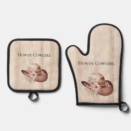 Faux rustieke crème hout roze roos cowgirl ovenwant & pannenlap set