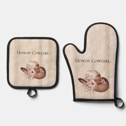 Faux rustieke crème hout roze roos cowgirl ovenwant & pannenlap set (Voorkant)