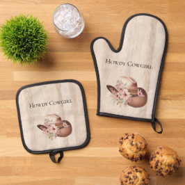 Faux rustieke crème hout roze roos cowgirl ovenwant & pannenlap set