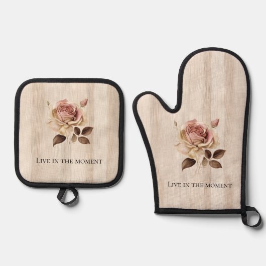 Faux rustieke crème roze rozenhout ovenwant & pannenlap set (Voorkant)