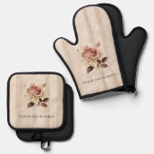 Faux rustieke crème roze rozenhout ovenwant & pannenlap set (Voorkant / Achterkant)