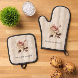 Faux rustieke crème roze rozenhout ovenwant & pannenlap set