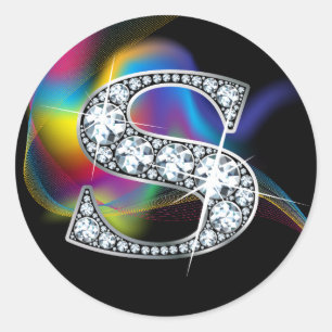 Faux S' Diamond Bling on Rainbow Swirl Heart Ronde Sticker