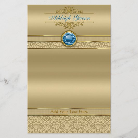 Faux Sapphire Blue Gemstone Metallic Gold Damask Briefpapier (Voorkant)